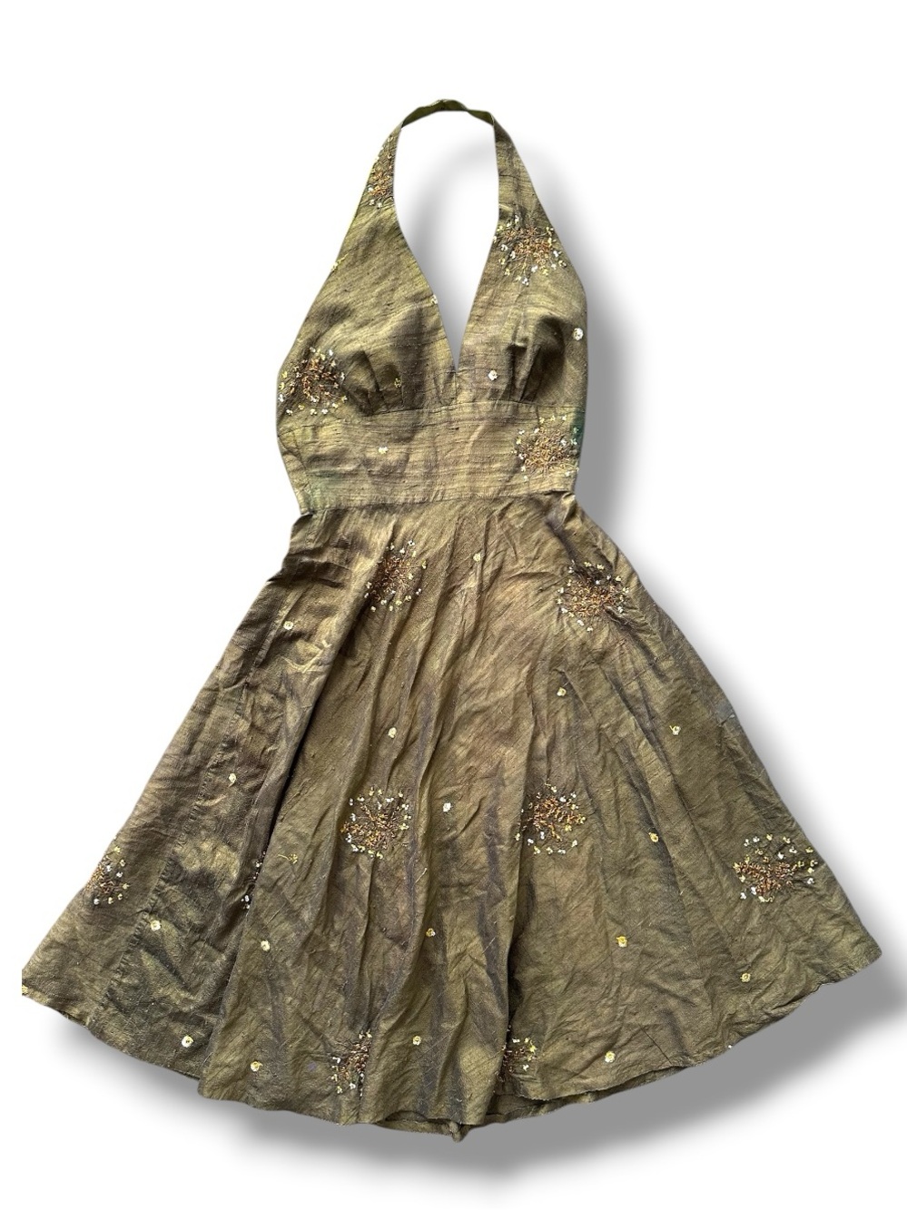 HANDMADE HAND DYED DUPIONI SILK HALTER DRESS SMALL